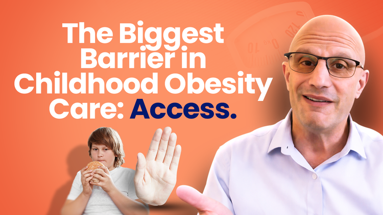 Obesity Podcast Photo Promotional thumbnail for the Nature and Science Podcast against a bright orange background featuring text that reads "The Biggest Barrier in Childhood Obesity Care: Access." On the right, guest Dr. Evan Nadler gestures while looking at the camera wearing glasses and a light blue button-down shirt. In the bottom-left corner, a young boy holding a hamburger extends an open palm toward the viewer in a "stop" gesture, with a faint bathroom scale graphic visible in the upper background.