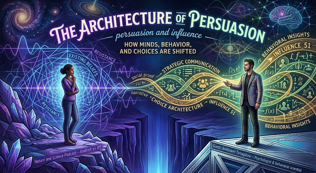 JonRober Tartaglione "The Architecture of Persuasion" for the Nature and Science Podcast. On the left, a woman stands within geometric energy patterns surrounded by terms like "Existing Beliefs" and "Resistance." On the right, guest JonRobert Tartaglione bridges a glowing chasm using mathematical equations and behavioral science concepts like "Choice Architecture," "Strategic Communication," and "Influence