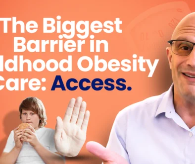 Promotional thumbnail for the Nature and Science Podcast against a bright orange background featuring text that reads "The Biggest Barrier in Childhood Obesity Care: Access." On the right, guest Dr. Evan Nadler gestures while looking at the camera wearing glasses and a light blue button-down shirt. In the bottom-left corner, a young boy holding a hamburger extends an open palm toward the viewer in a "stop" gesture, with a faint bathroom scale graphic visible in the upper background.